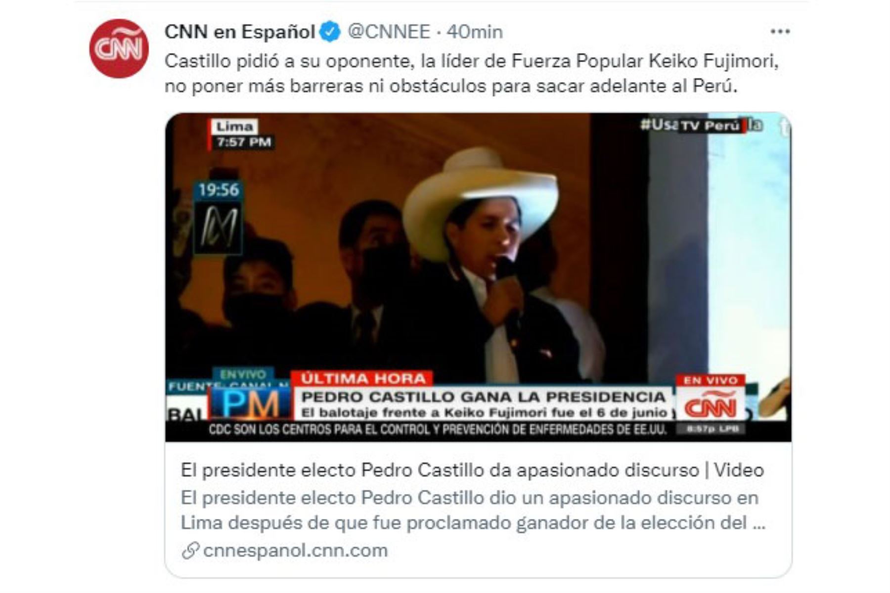 CNN en Español. Diarios del mundo, informan sobre la proclamación del presidente electo Pedro Castillo.
Foto: Captura TV