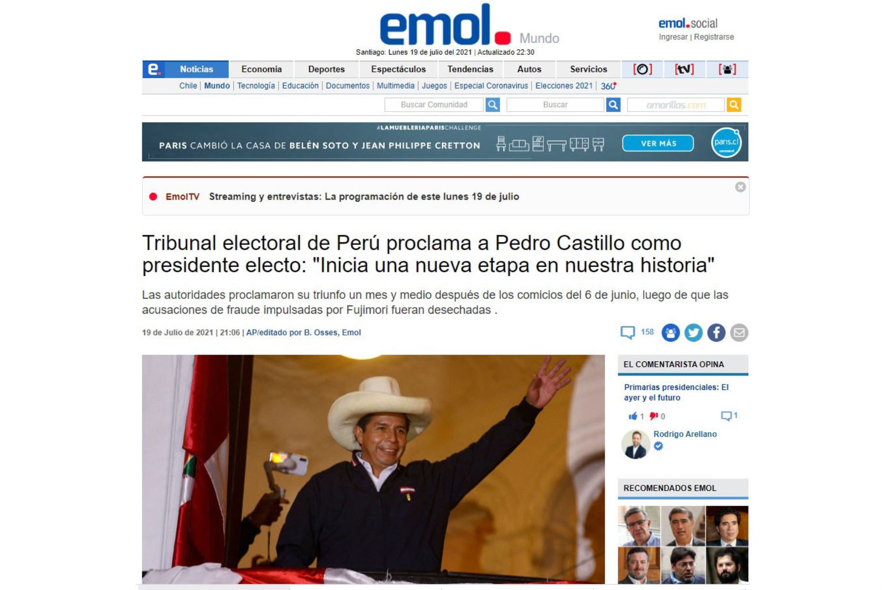 En portada Emol de Chile. Diarios del mundo, informan sobre la proclamación del presidente electo Pedro Castillo.
Foto: Captura TV