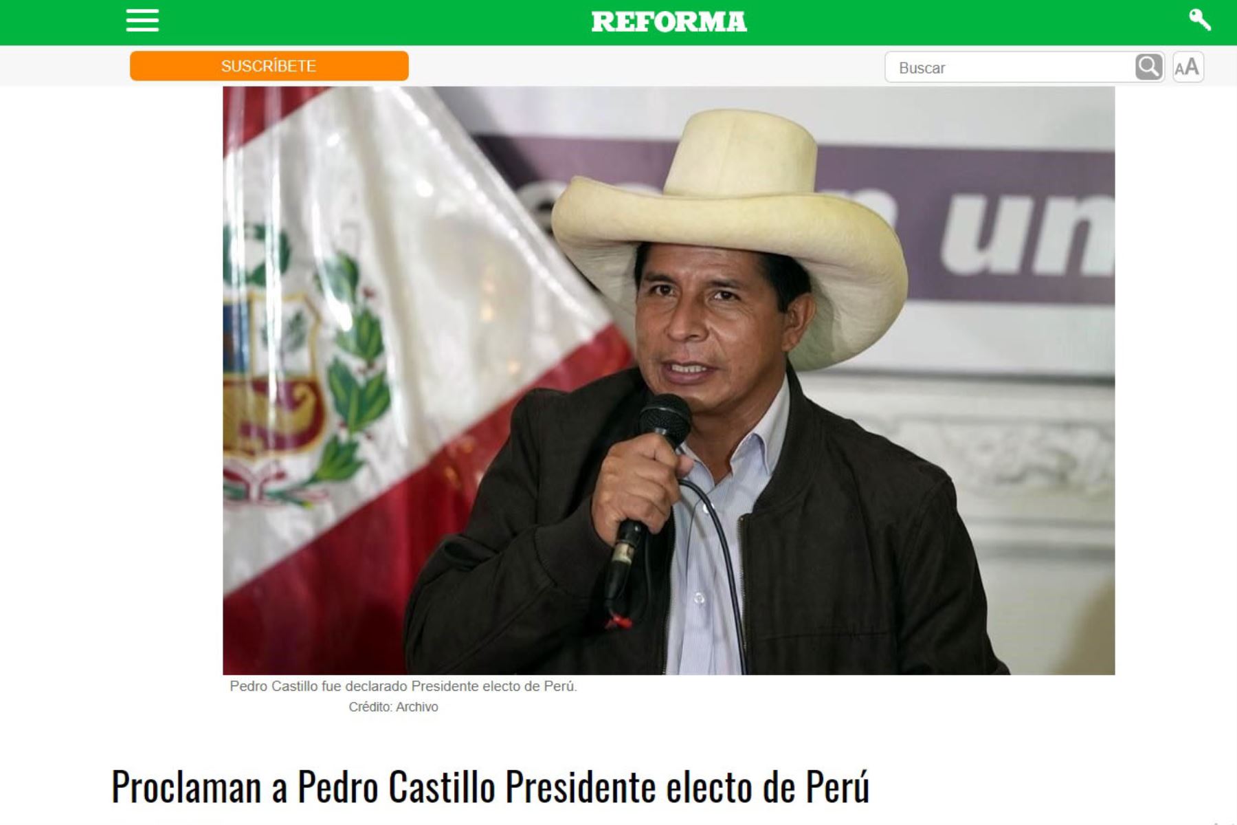En portada, el portal mexicano Reforma. Diarios del mundo, informan sobre la proclamación del presidente electo Pedro Castillo.
Foto: Captura TV