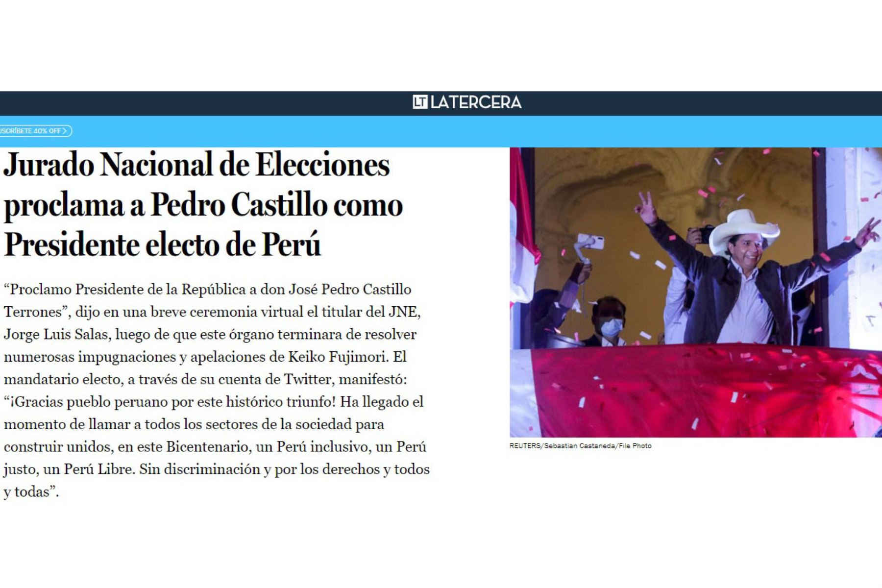 Portada La Tercera de Chile. Diarios del mundo, informan sobre la proclamación del presidente electo Pedro Castillo.
Foto: Captura TV
