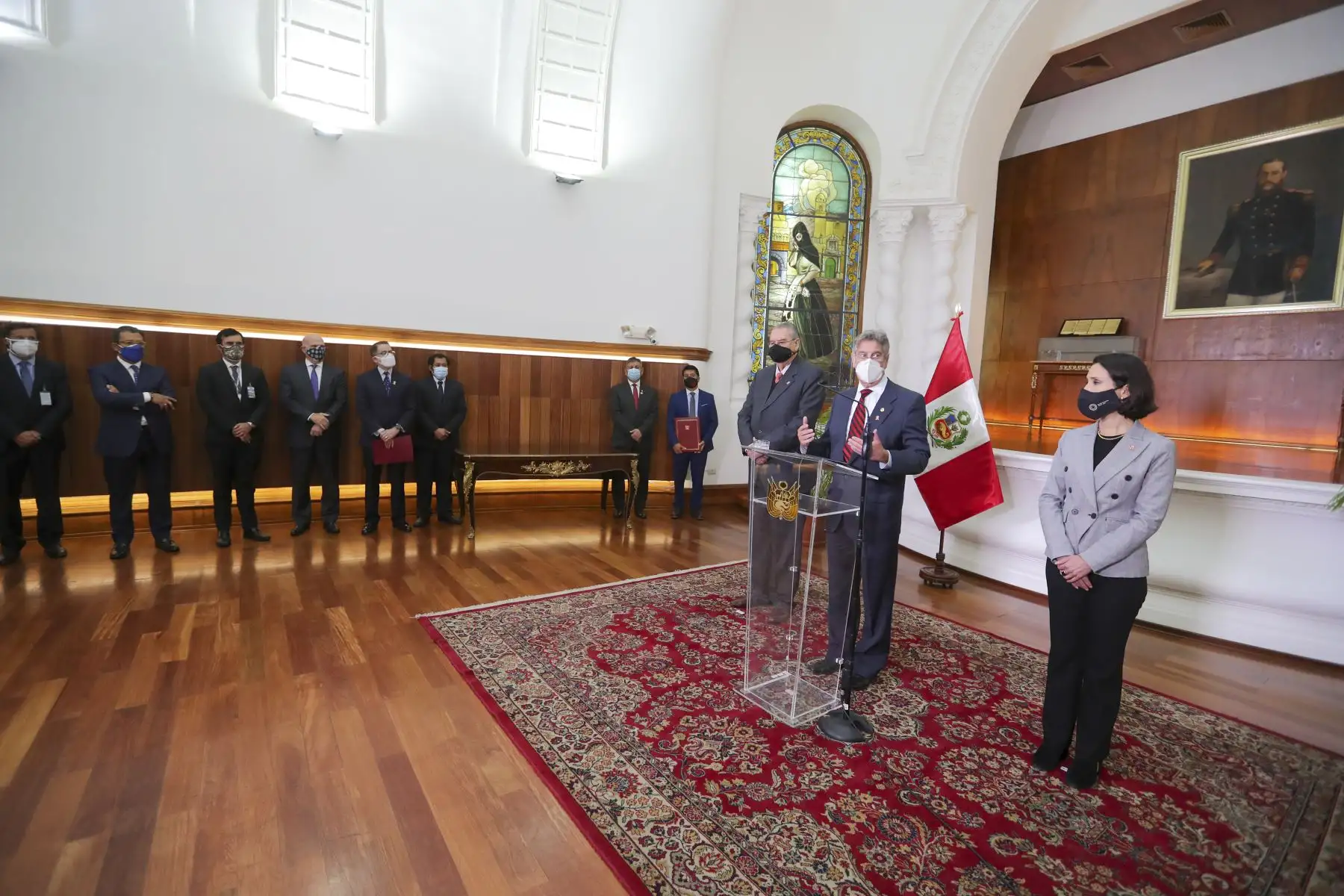 El presidente Francisco Sagasti junto al canciller Allan Wagner y la titular del Mincetur, Claudia Cornejo, lideró la ceremonia de ratificación del Tratado Integral y Progresista de Asociación Transpacífico. Foto: ANDINA/Prensa Presidencia