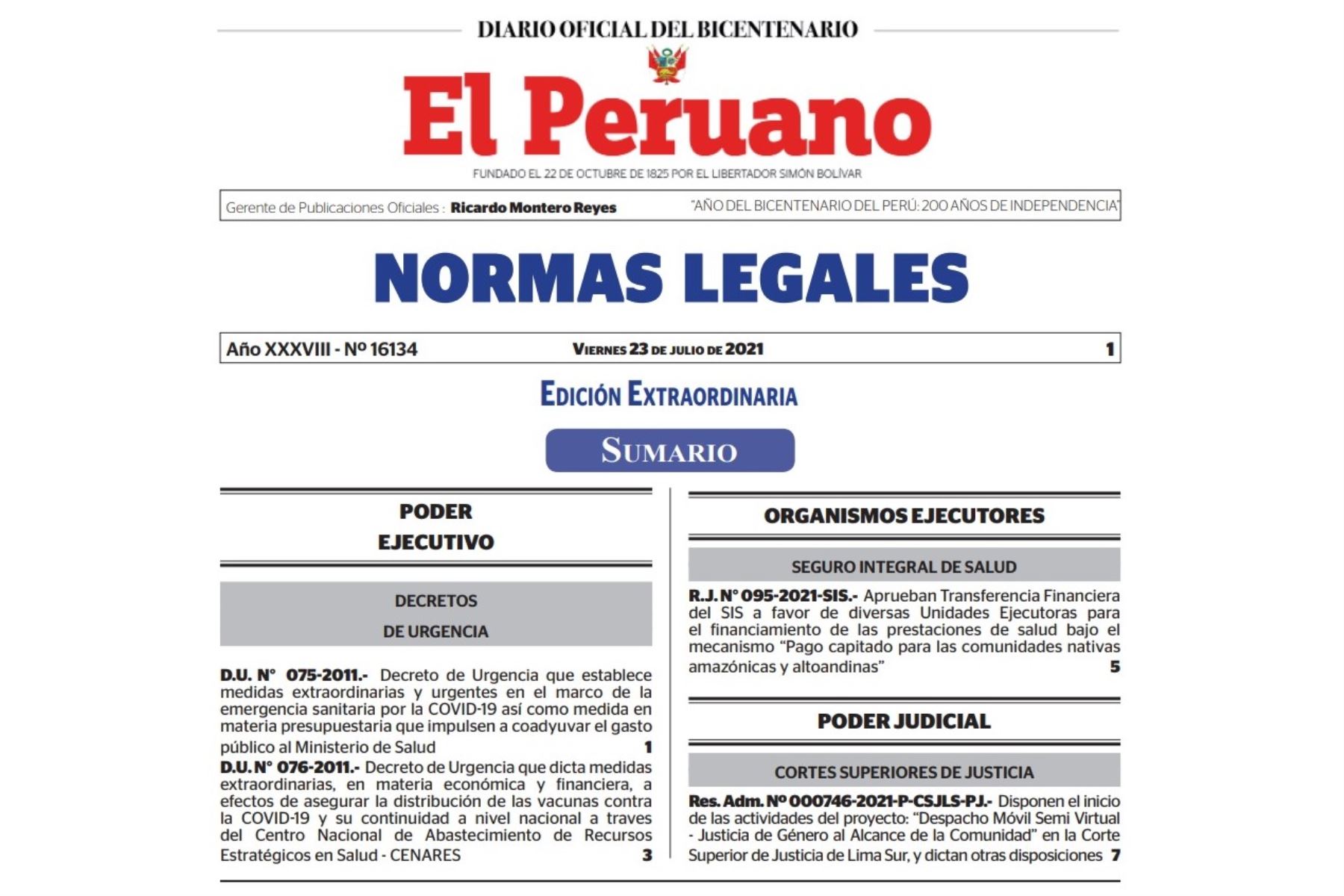 Cuadernillo de Normas Legales del Diario Oficial El Peruano.