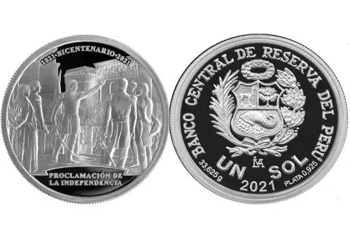 Moneda de plata alusiva al Bicentenario de la Proclamación de la Independencia.