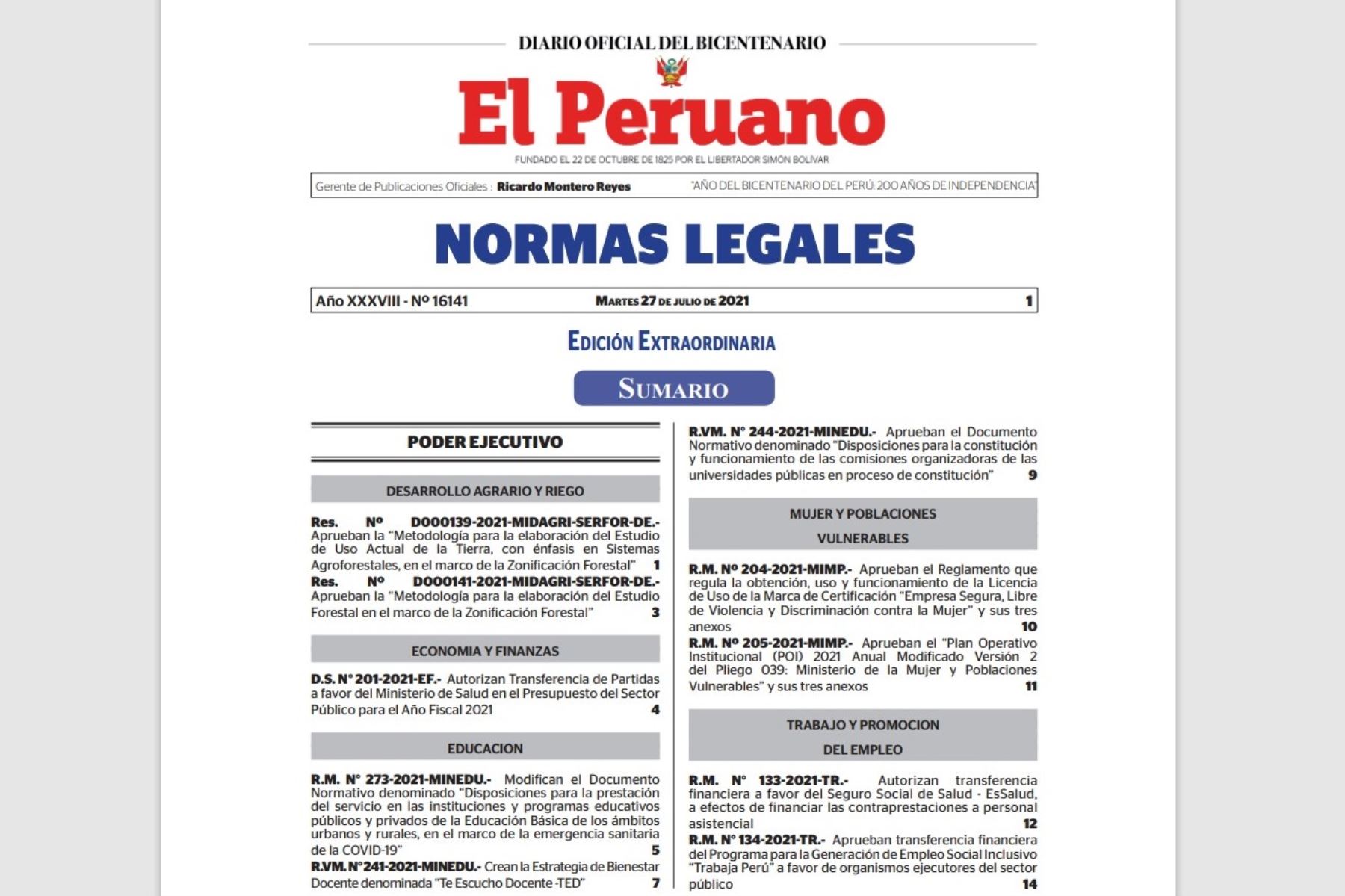 Portada del cuadernillo de Normas Legales del Diario Oficial El Peruano.
