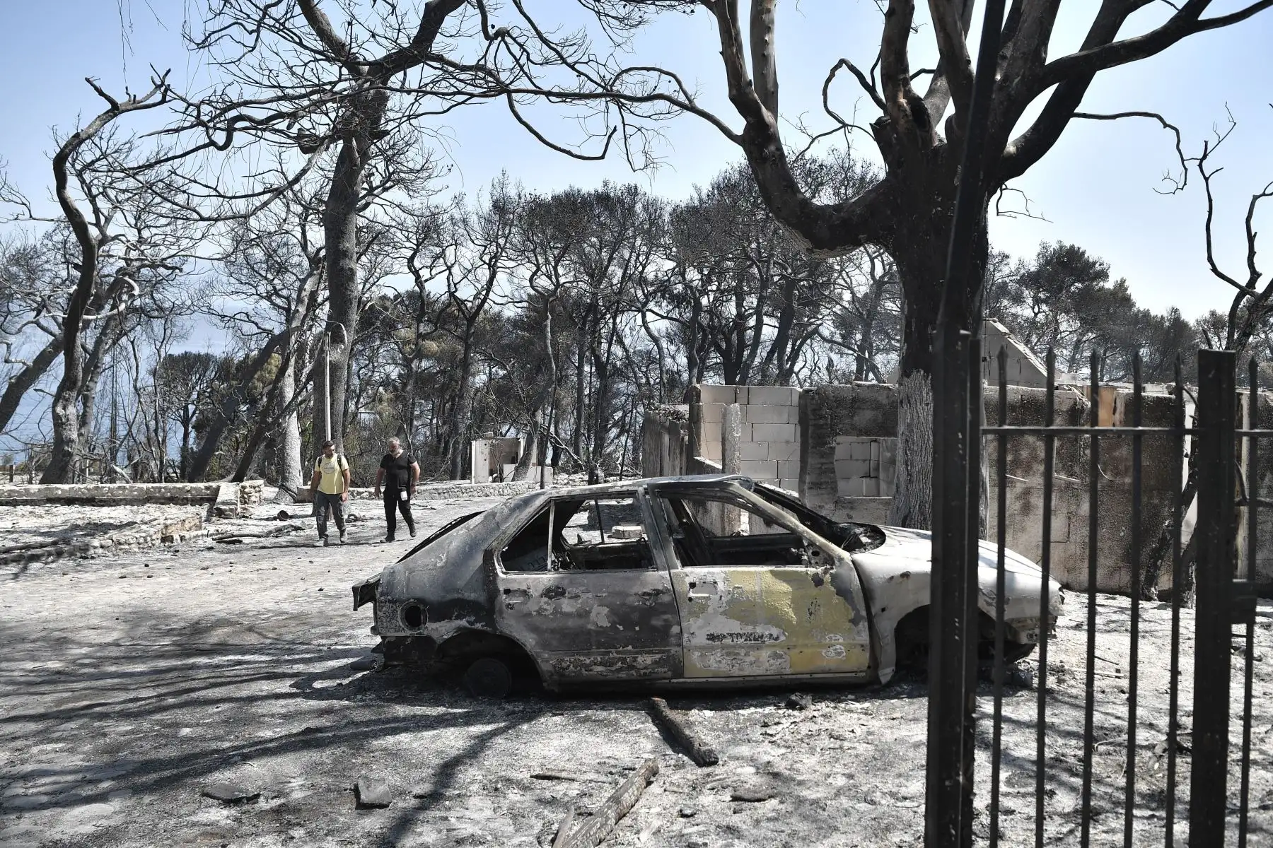 Los residentes locales caminan en el área quemada de un Club Mediterranee abandonado en Lambiri, al este de Patras en Grecia. 
Foto: AFP
