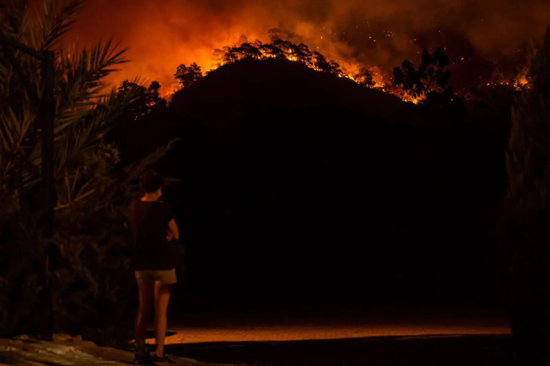 Una mujer observa un bosque en llamas mientras un enorme incendio arrasó un centro turístico mediterráneo en el distrito de Mugla, en Marmaris, Turquía.

Foto: AFP