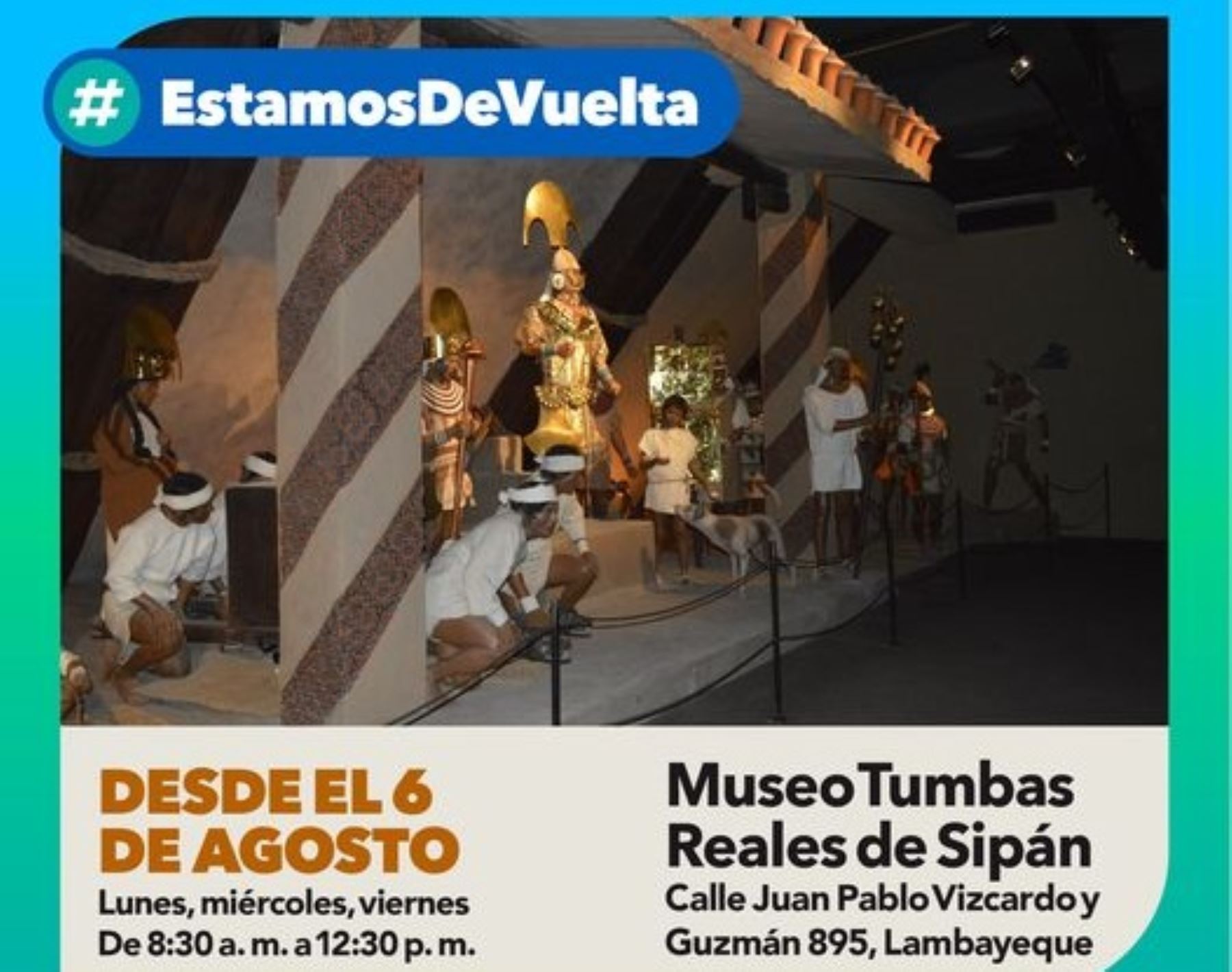 El embemático Museo Tumbas Reales de Sipán. ubicado en Lambayeque, reabre hoy. El recinto exhibe  los restos del Señor de Sipán y los ornamentos hallados en su cámara funeraria.