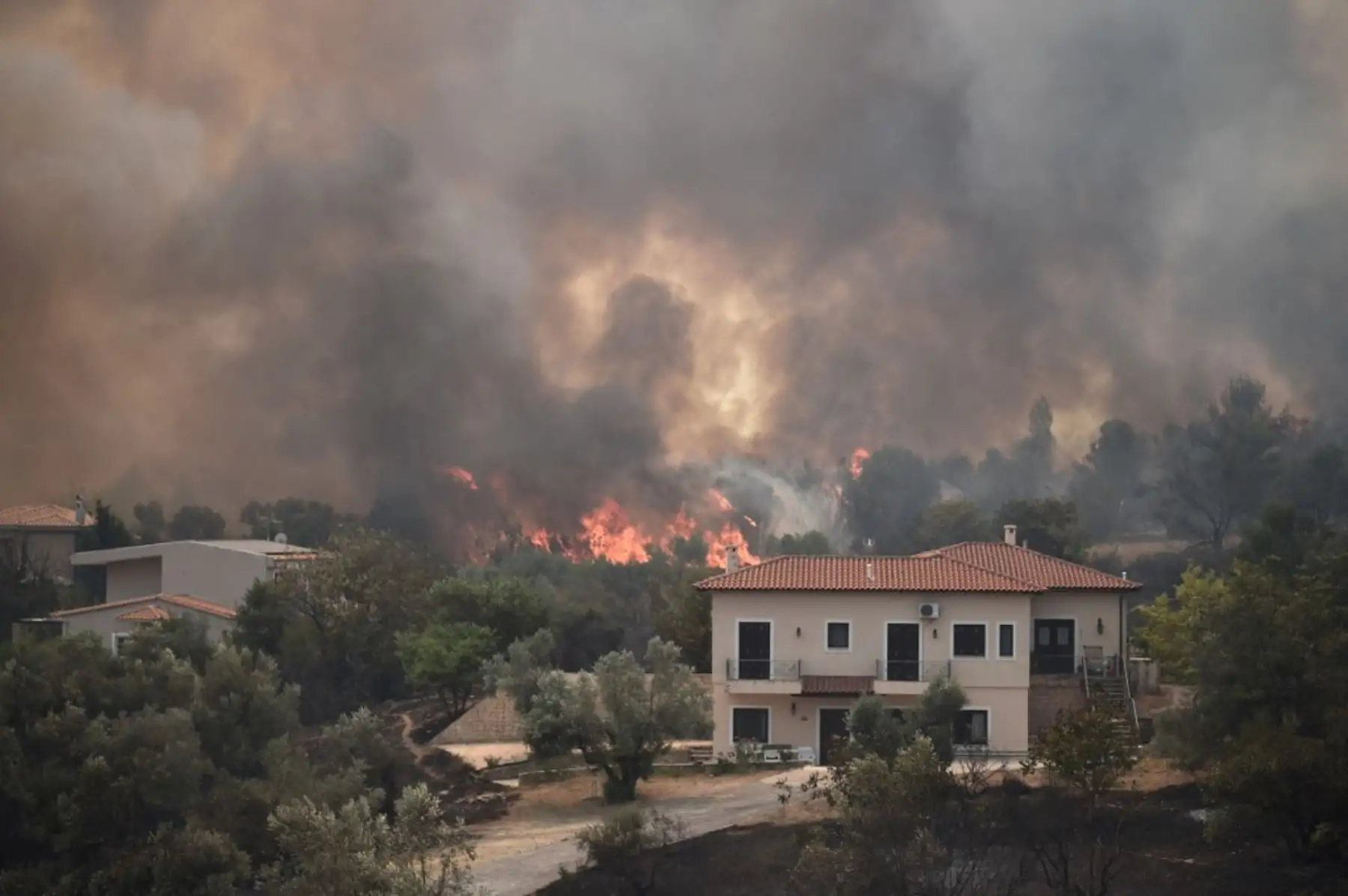 Una fotografía tomada el 6 de agosto de 2021 muestra llamas cerca de casas mientras un incendio se propaga en el pueblo de Afidnes, a unos 30 kilómetros al norte de Atenas. - Cientos de bomberos lucharon contra un incendio en las afueras de Atenas el 6 de agosto mientras decenas de incendios se desataban en Grecia. Foto: AFP