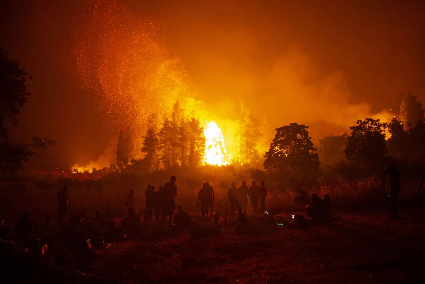 Los jóvenes y voluntarios locales se reúnen en un campo abierto y esperan para apoyar a los bomberos durante un incendio forestal cerca de la aldea de Kamatriades, cerca de Istiaia, en el norte de la isla de Evia, Grecia. Foto: AFP