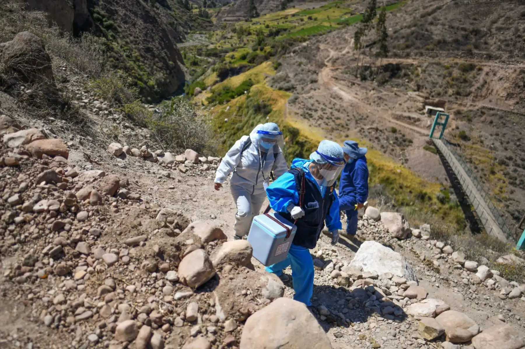 Brigada de enfermeras y personal de salud caminan más  de 5 horas para inmunizar con la segunda dosis de la vacuna Pfizer para combatir el covid - 19 en la  provincia de Caylloma de la región de Arequipa.
Foto: Cortesía Diego Ramos