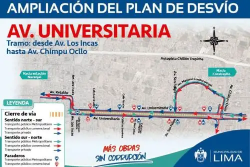 Los vehículos de transporte público convencional, así como los buses de las rutas alimentadores del Metropolitano y el transporte particular deberán circular por la Av. Condorcanqui – Av. San Felipe y continuar hasta la vía auxiliar de la Av. Universitaria.  ANDINA/ Municipalidad de Lima