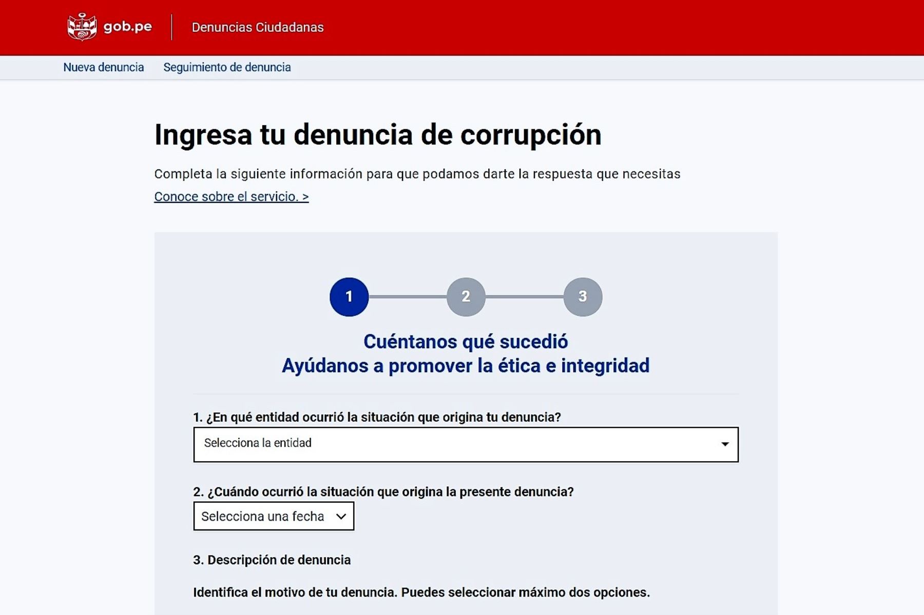Plataforma Denuncias Ciudadanas en el portal del gobierno peruano.