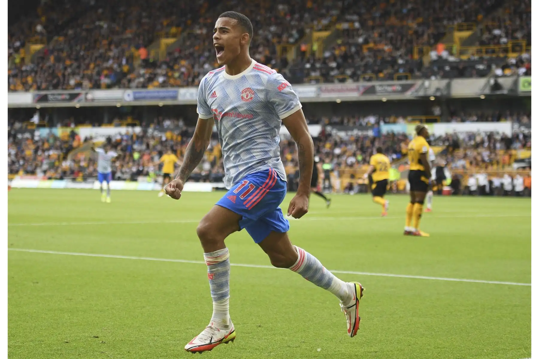 El delantero inglés del Manchester United, Mason Greenwood, celebra el gol de apertura durante el partido de la Premier League. Foto: AFP