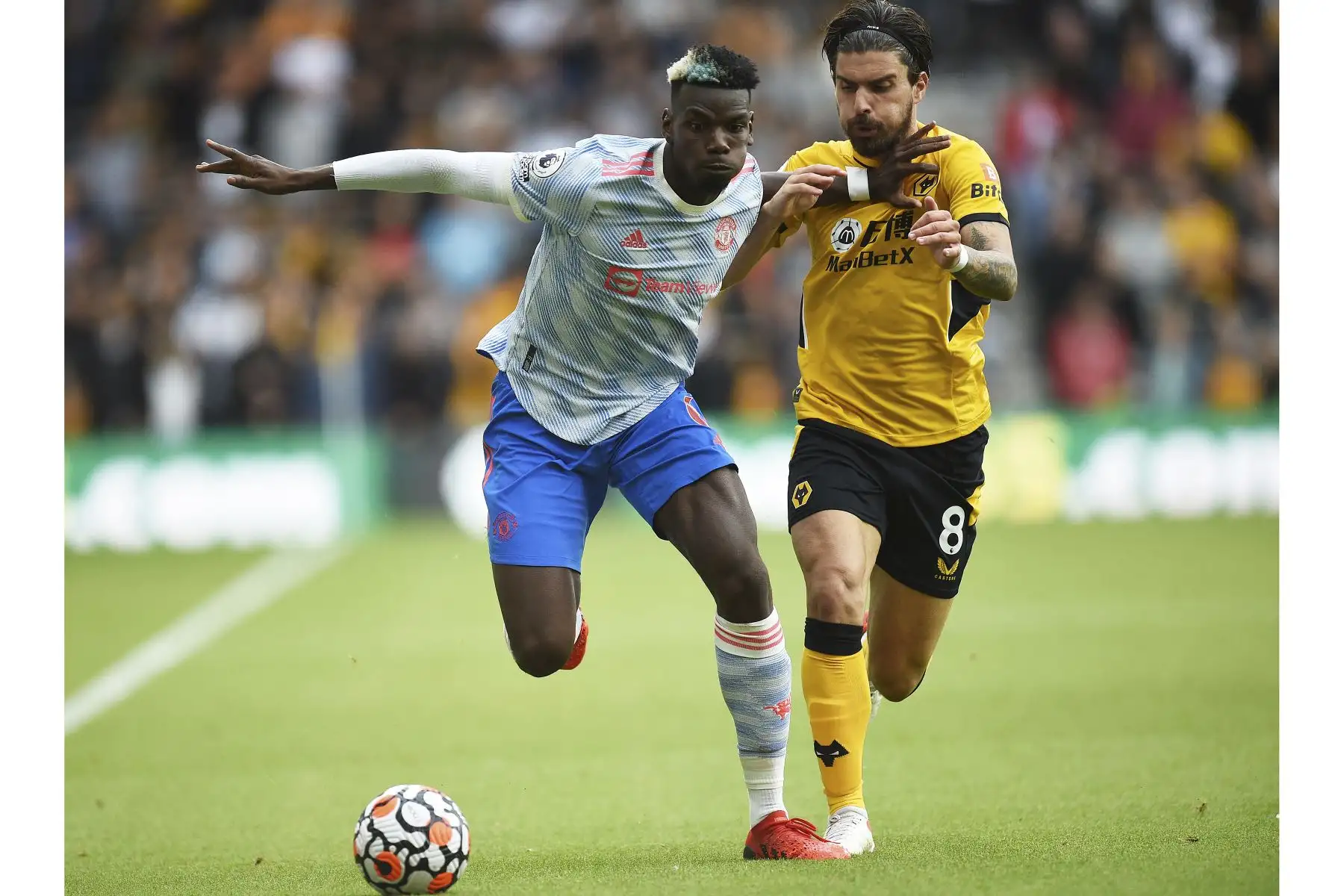 El mediocampista portugués de Wolverhampton Wanderers Ruben Neves desafía al mediocampista francés del Manchester United Paul Pogba durante el partido de la Premier League. Foto: AFP