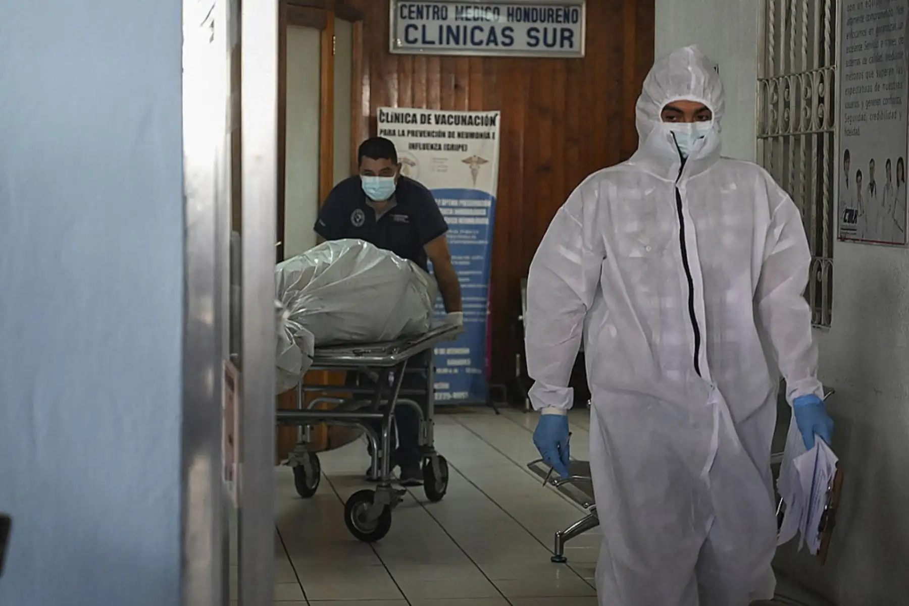 Trabajadores de medicina forense llevan una bolsa plástica con los restos del empresario hondureño Wilkin Montalván, quien fue asesinado a tiros mientras permanecía en una Unidad de Cuidados Intensivos (UCI) covid-19. Foto: AFP