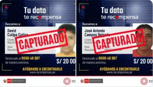 El Mininter ofrecía una recompensa de 20,000 soles por información sobre el paradero de ambos prófugos.