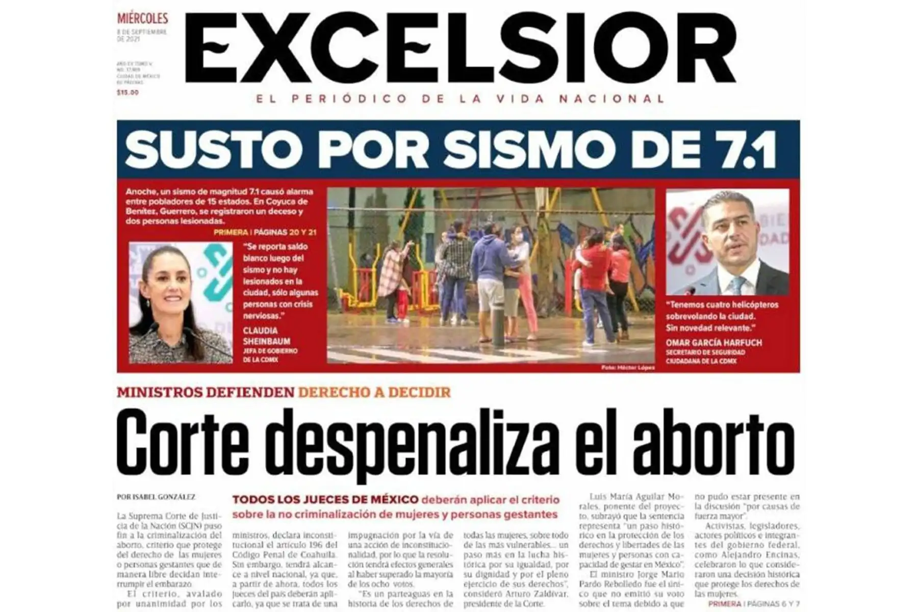 Así informan los medios sobre el terremoto de magnitud 7.1 en México. 
En la imagen portada del medio Excelsior.
Foto: INTERNET/Medios