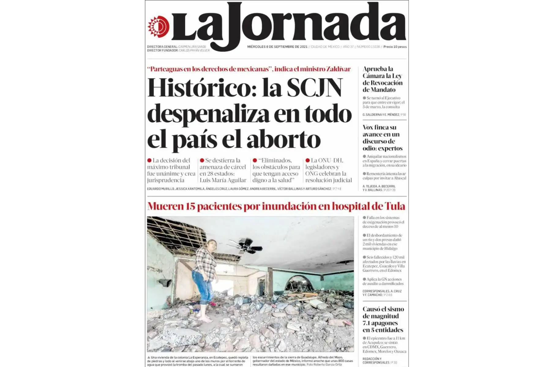 Así informan los medios sobre el terremoto de magnitud 7.1 en México. 
En la imagen portada de la Jornada
Foto: INTERNET/Medios