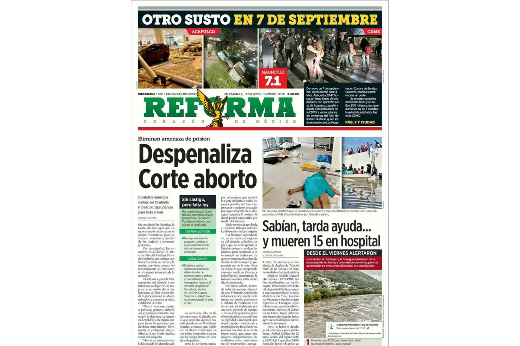Así informan los medios sobre el terremoto de magnitud 7.1 en México. 
En la imagen portada de la Reforma
Foto: INTERNET/Medios