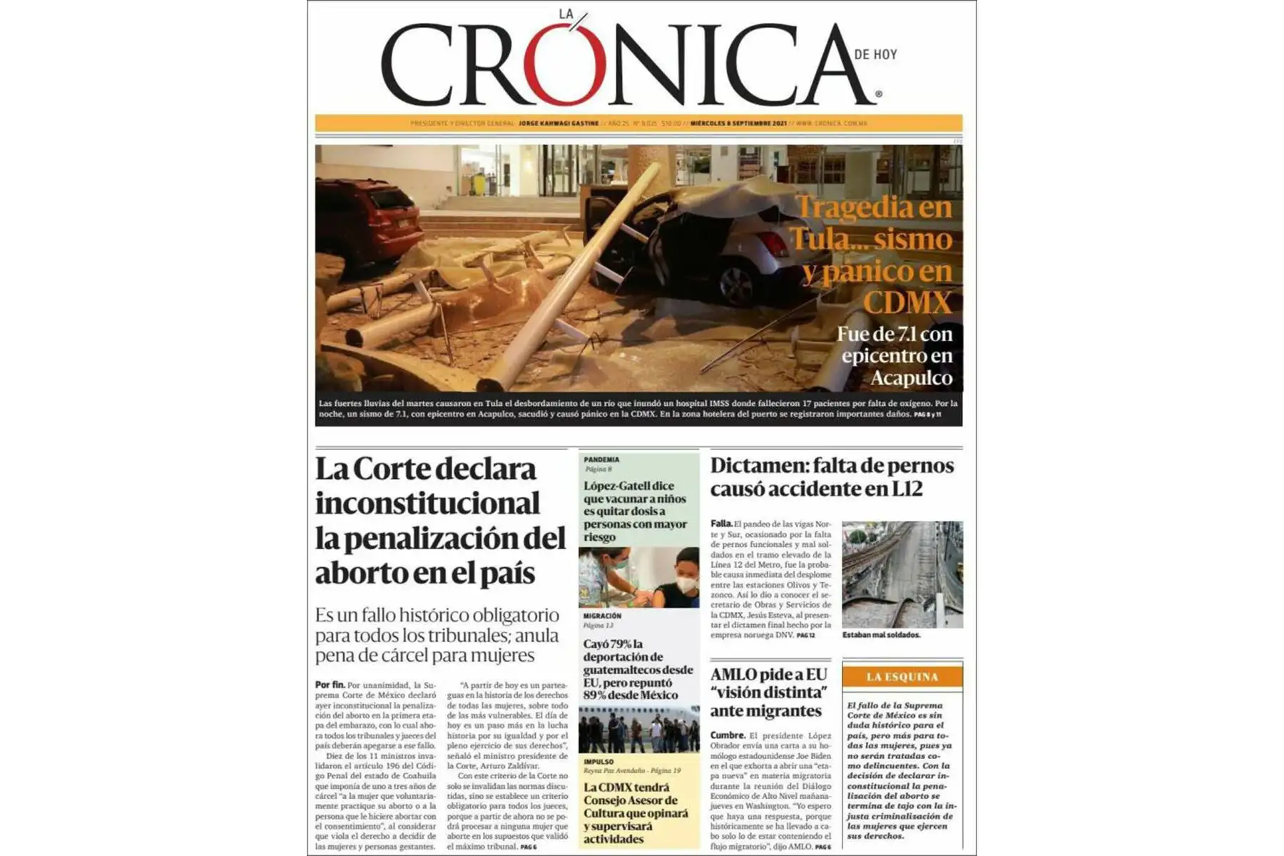 Así informan los medios sobre el terremoto de magnitud 7.1 en México. 
En la imagen portada de La Crónica.
Foto: INTERNET/Medios