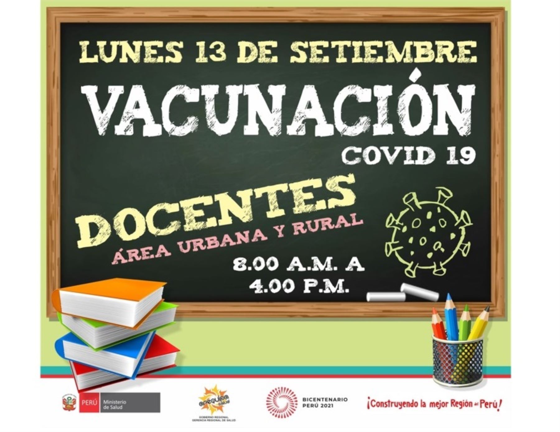 Arequipa iniciará el lunes 13 de setiembre la vacunación de los docentes de zonas urbanas y rurales y la meta es vacunar contra el covid-19 a más de 8,000 profesores.l