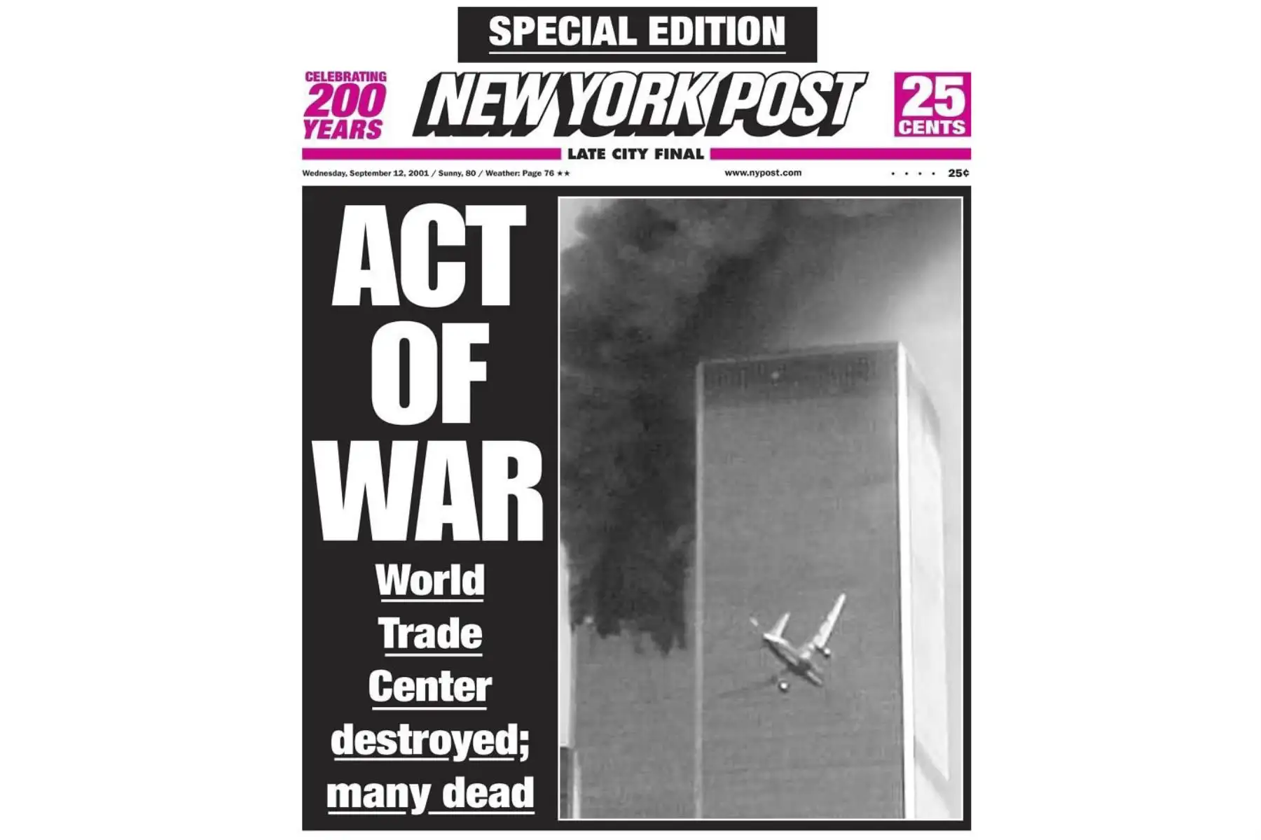 Así informó el New York Post un día después del 11 de Septiembre. Foto: Difusión
