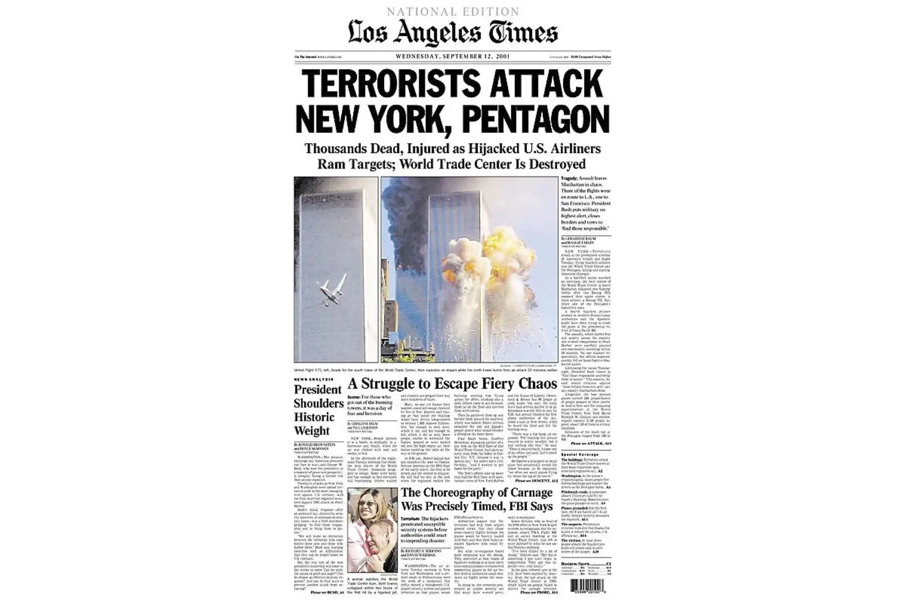 Así informó Los Angeles Times un día después del 11 de Septiembre. Foto: Difusión