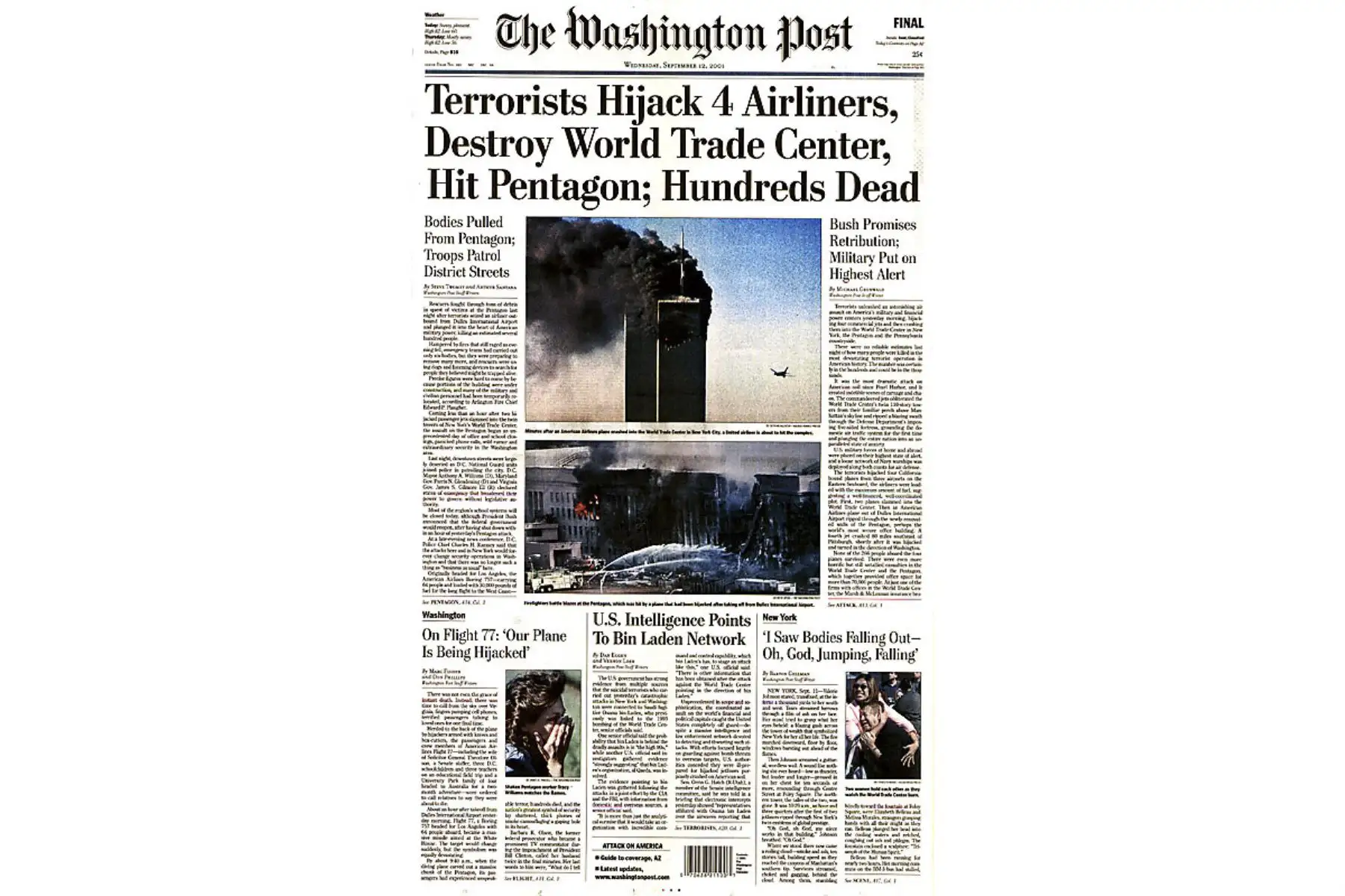Así informó The Washington Post un día después del 11 de Septiembre. Foto: Difusión