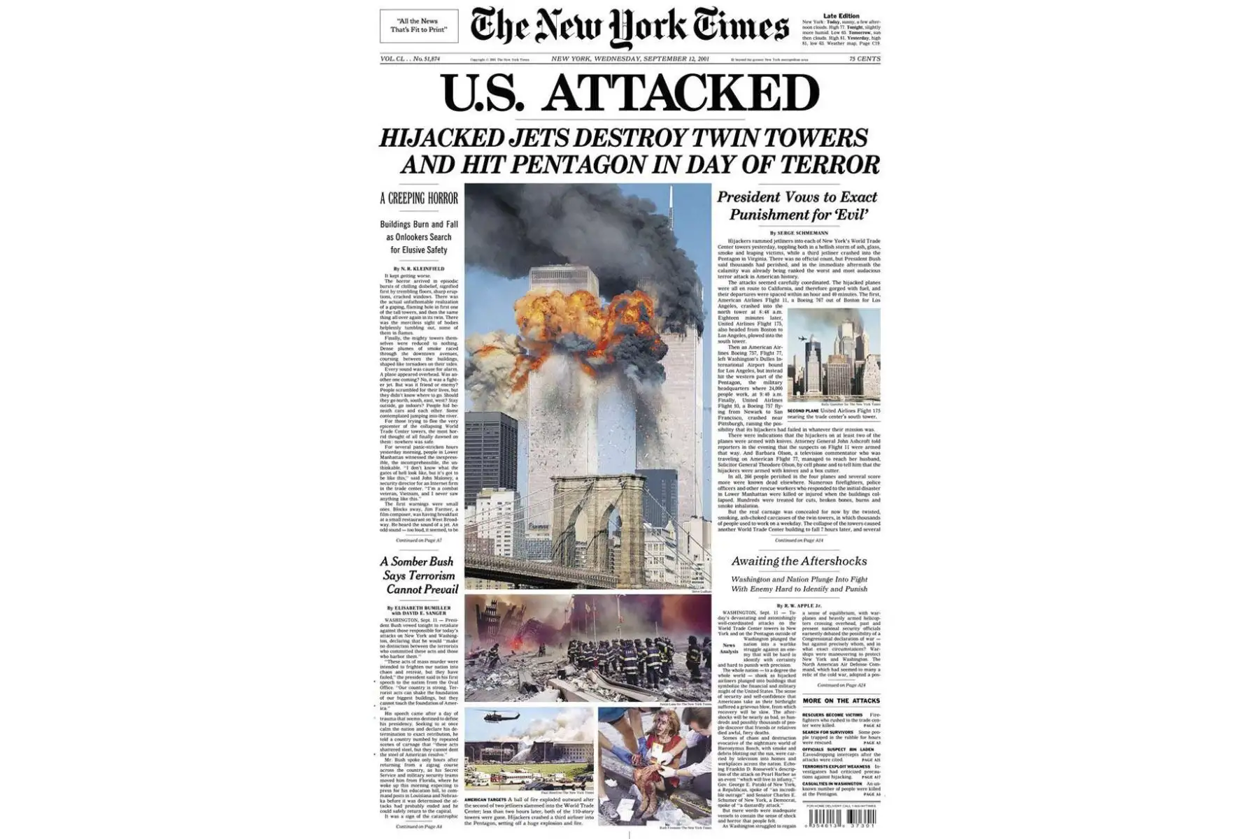 Así informó el diario The New York Times un día después del 11 de Septiembre. Foto: Difusión