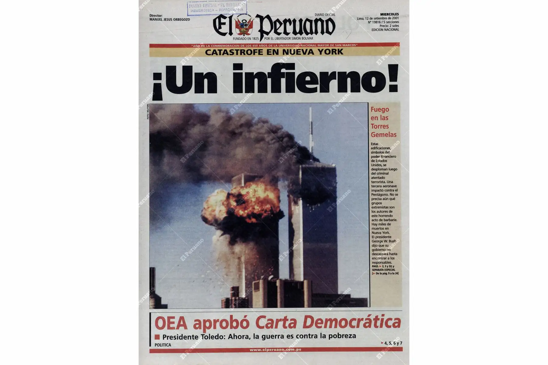 Así informó el Diario Oficial El Peruano un día después del 11 de Septiembre. Foto: Difusión