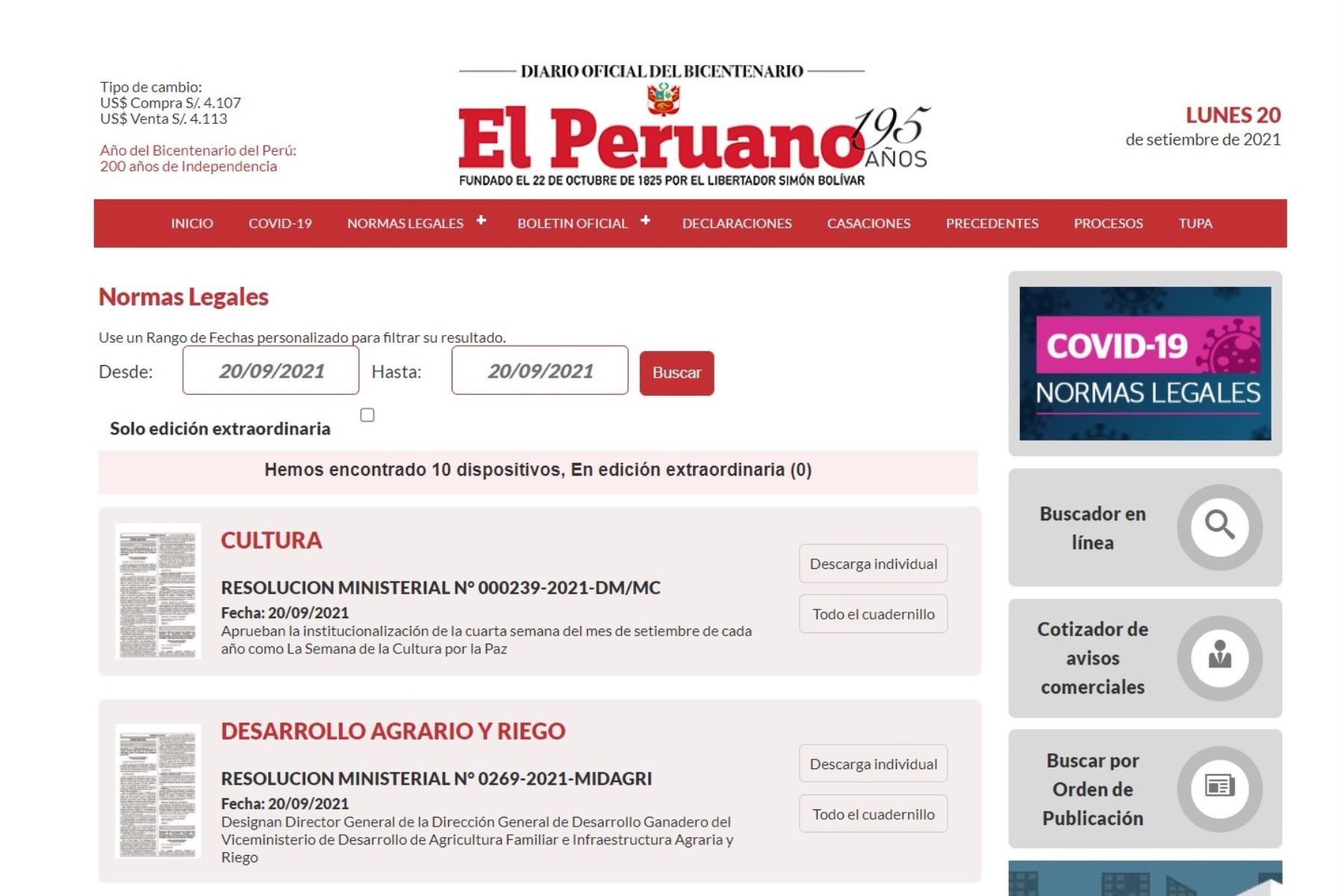 Página web del Diario Oficial El Peruano.+