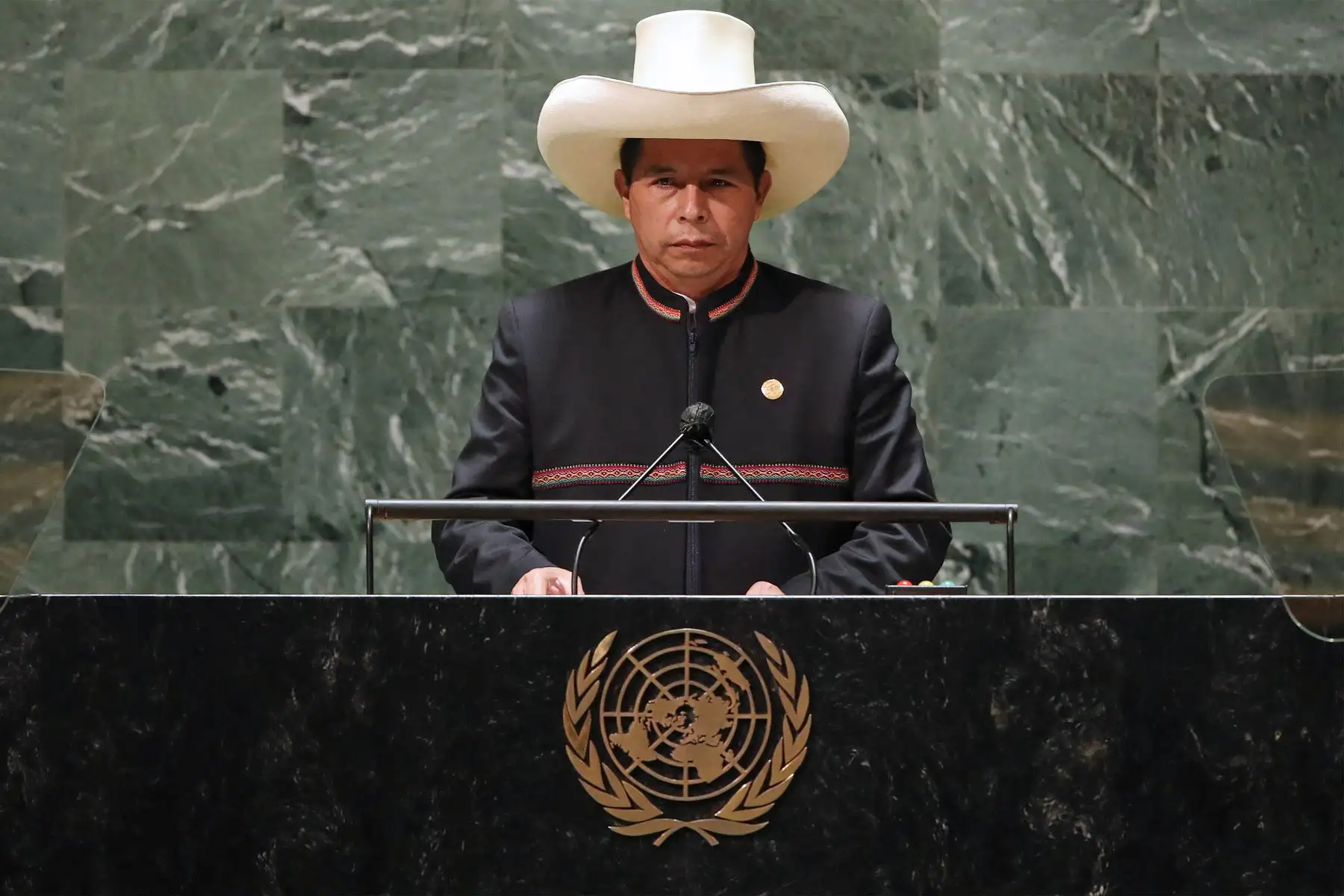 El presidente de Perú, Pedro Castillo, se dirige al 76 ° período de sesiones de la Asamblea General de la ONU en Nueva York.
Foto: AFP