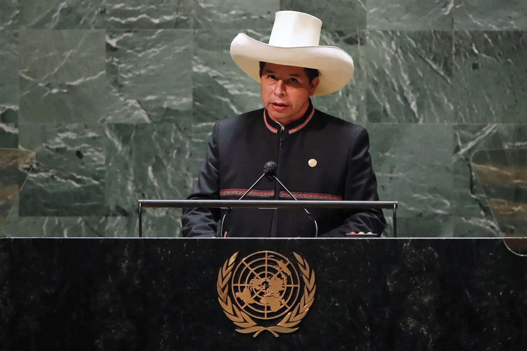 El presidente de Perú, Pedro Castillo, se dirige al 76 ° período de sesiones de la Asamblea General de la ONU en Nueva York.
Foto: AFP