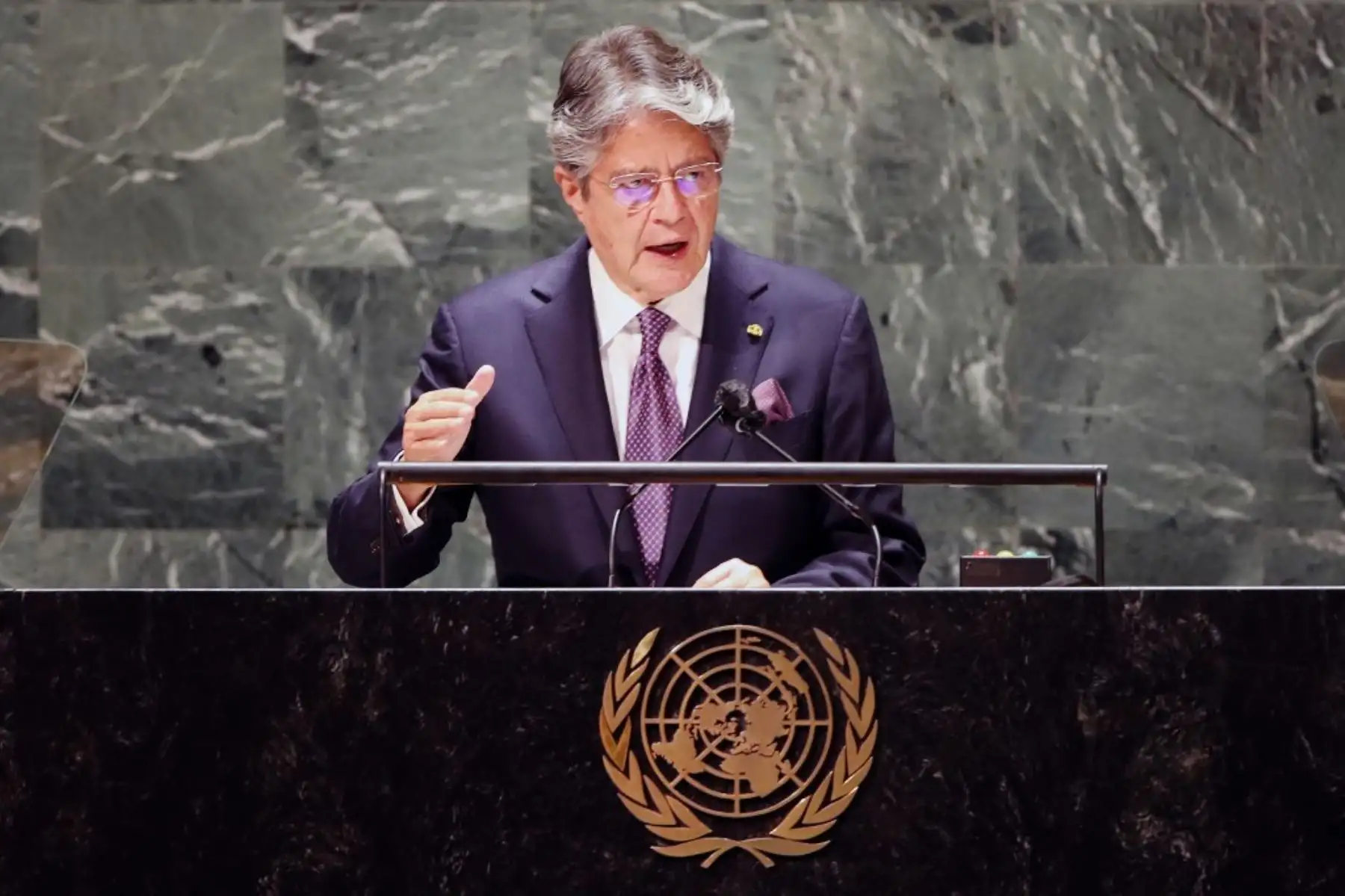 El presidente de Ecuador, Guillermo Lasso, se dirige al 76 ° período de sesiones de la Asamblea General de la ONU (AGNU) el 21 de septiembre de 2021 en Nueva York. Foto: AFP