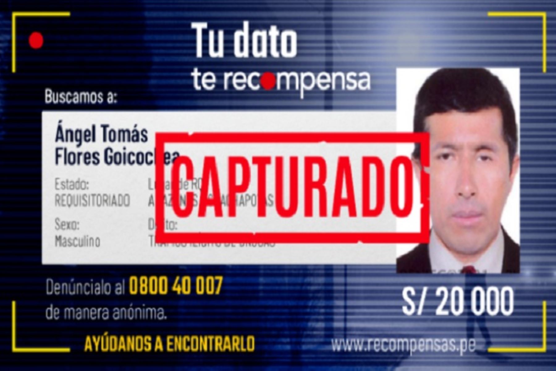 El Mininter ofrecía 20,000 soles a cambio de datos que facilitaran la detención del prófugo Ángel Tomás Flores Goicochea.