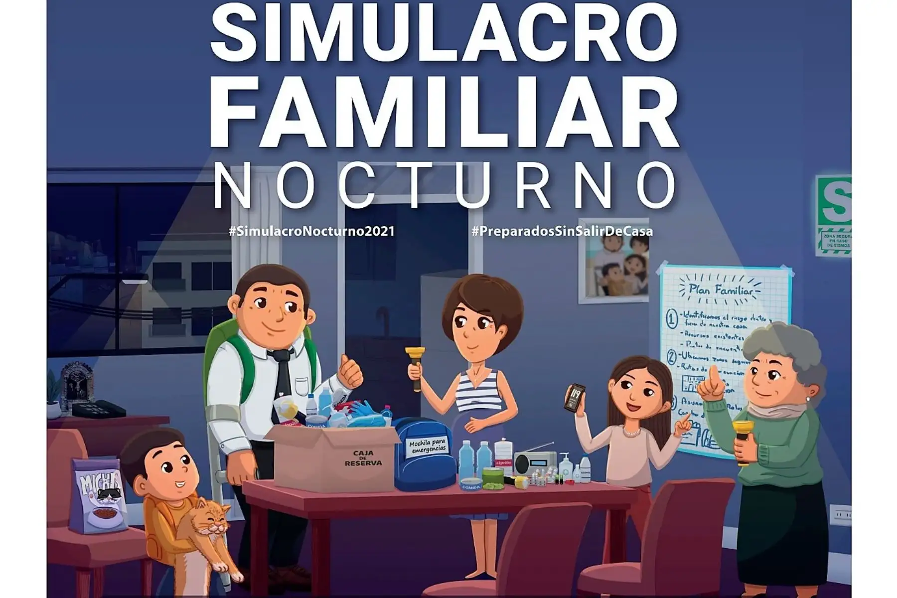 Detalle de una de las piezas gráficas de Defensa Civil para promover el simulacro familiar nocturno del 13 de octubre.