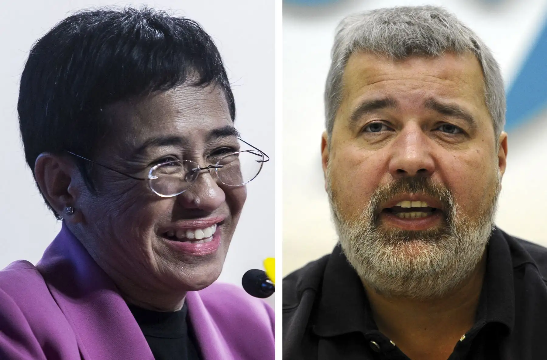 Maria Ressa (izq.), Cofundadora y directora ejecutiva del sitio web de noticias Rappler, con sede en Filipinas, hablando en los Human Rights Press Awards  y Dmitry Muratov, editor en jefe del principal periódico de oposición de Rusia, Novaya Gazeta. Foto: AFP