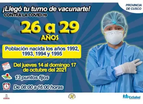 Hoy se inicia jornada de vacunación contra el covid-19 a jóvenes de 26 años a más en la ciudad del Cusco, anunció el Ministerio de Salud.