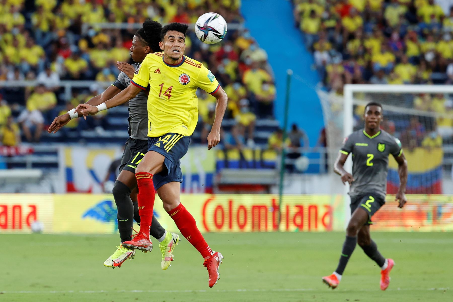 Luis Díaz de Colombia disputa el balón con Ángelo Preciado de Ecuador durante un partido por las eliminatorias sudamericanas al Mundial de Catar 2022. Foto: EFE