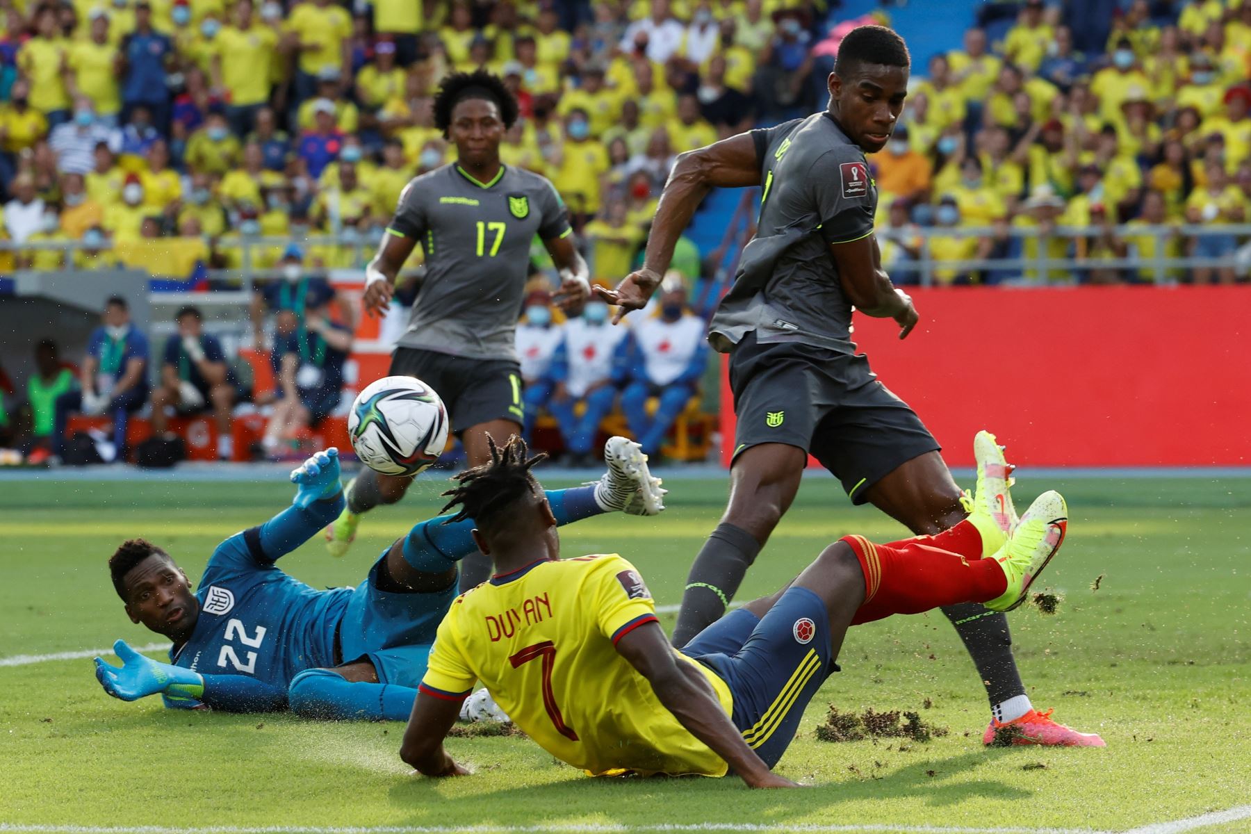 Duván Zapata de Colombia disputa el balón con el arquero Alexander Domínguez de Ecuador durante partido por las eliminatorias sudamericanas al Mundial de Catar 2022. Foto: EFE