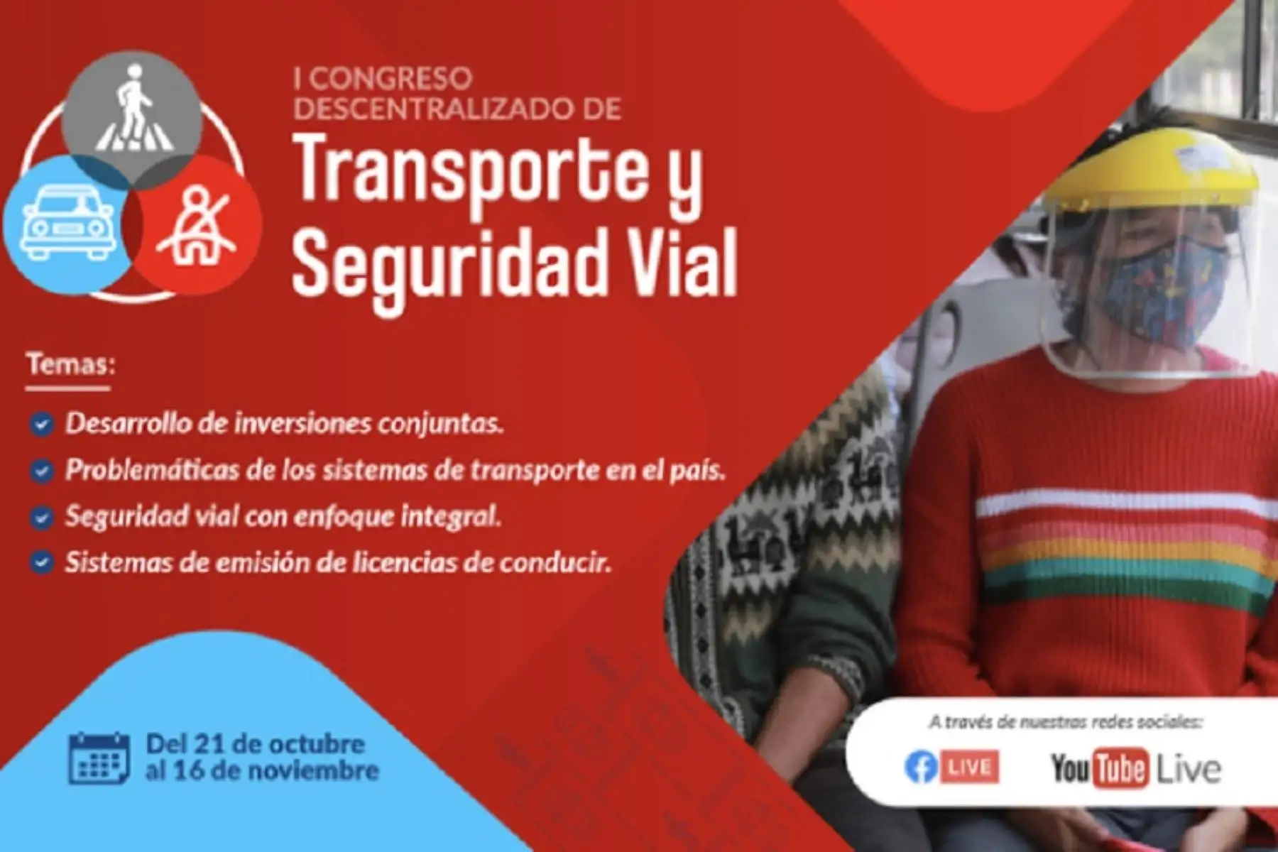 El Ministerio de Transportes y Comunicaciones (MTC) anuncia la realización del Primer Congreso Descentralizado de Transporte y Seguridad Vial, que se llevará a cabo del 21 de octubre al 9 de noviembre en 11 fechas distribuidas en Loreto, Cajamarca, Huánuco, Arequipa, Lima y Ayacucho.