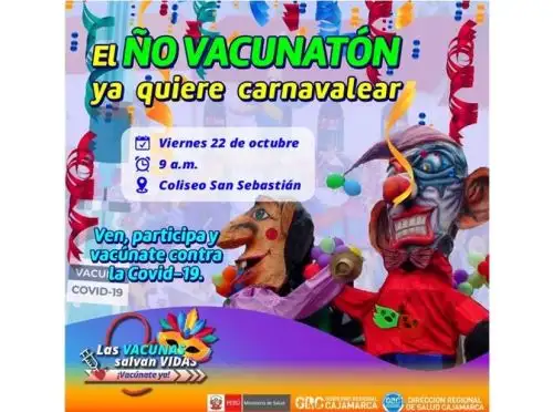 Cajamarca organiza Ño Vacunatón y a ritmo del carnaval invita a vacunarse contra el covid-19 a los mayores de 18 años. ANDINA/Difusión