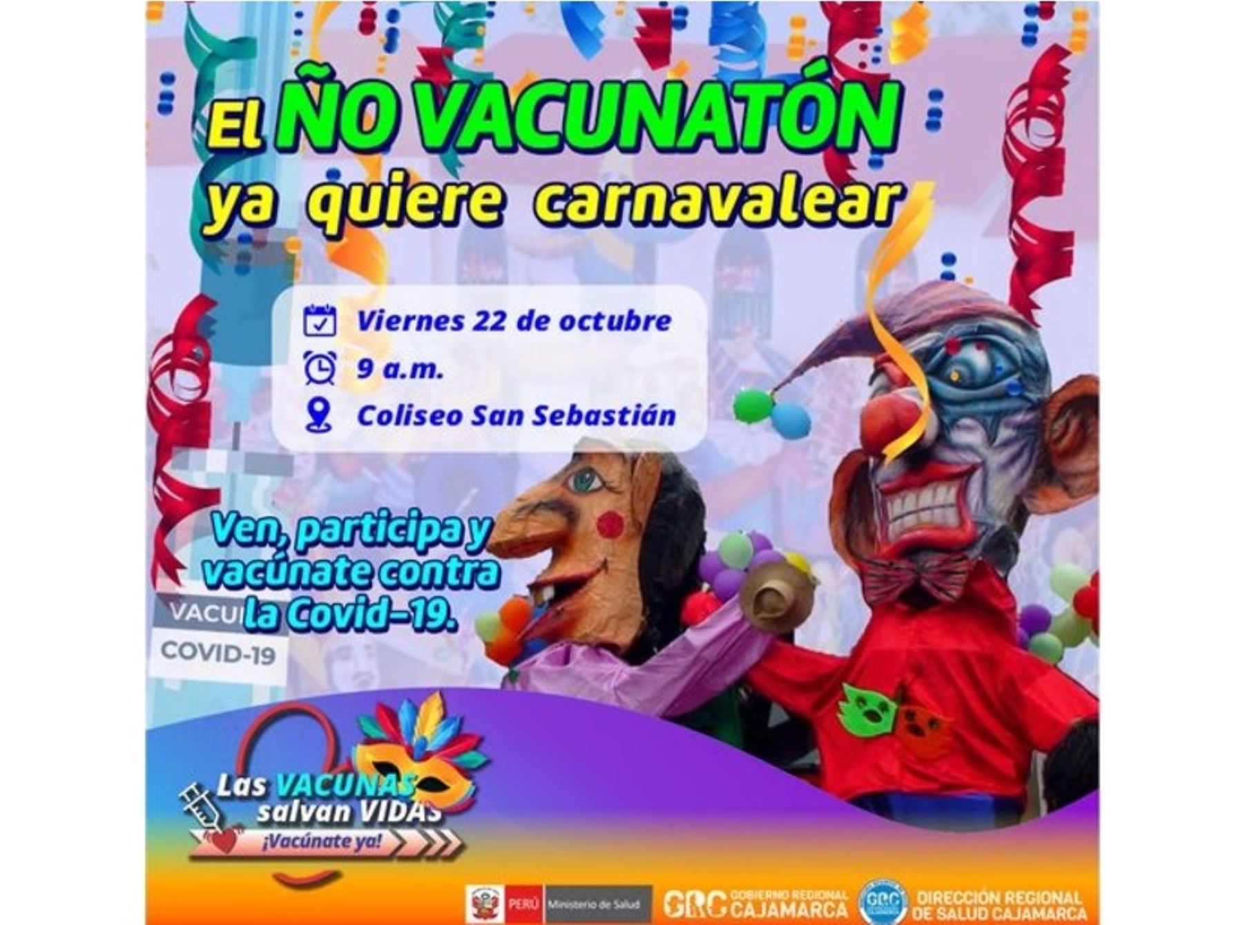 Cajamarca organiza Ño Vacunatón y a ritmo del carnaval invita a vacunarse contra el covid-19 a los mayores de 18 años. ANDINA/Difusión