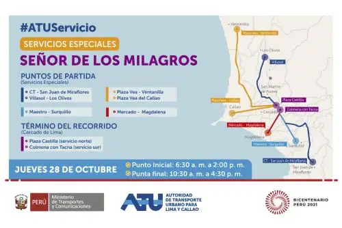 Cada ruta dispondrá de 4 buses para facilitar el transporte de los vecinos y vecinas que deseen acudir al templo Las Nazarenas. ANDINA/ ATU