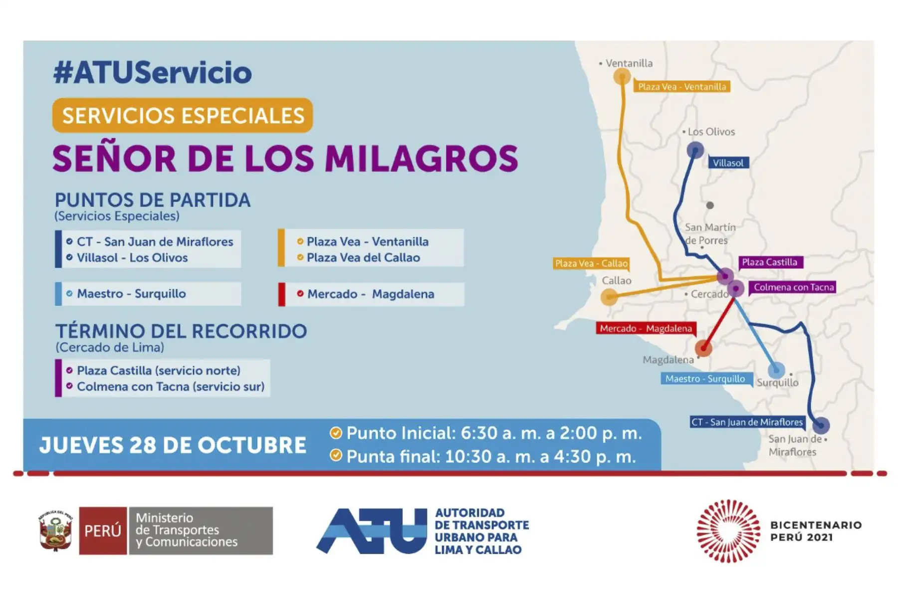 Cada ruta dispondrá de 4 buses para facilitar el transporte de los vecinos y vecinas que deseen acudir al templo Las Nazarenas. ANDINA/ ATU