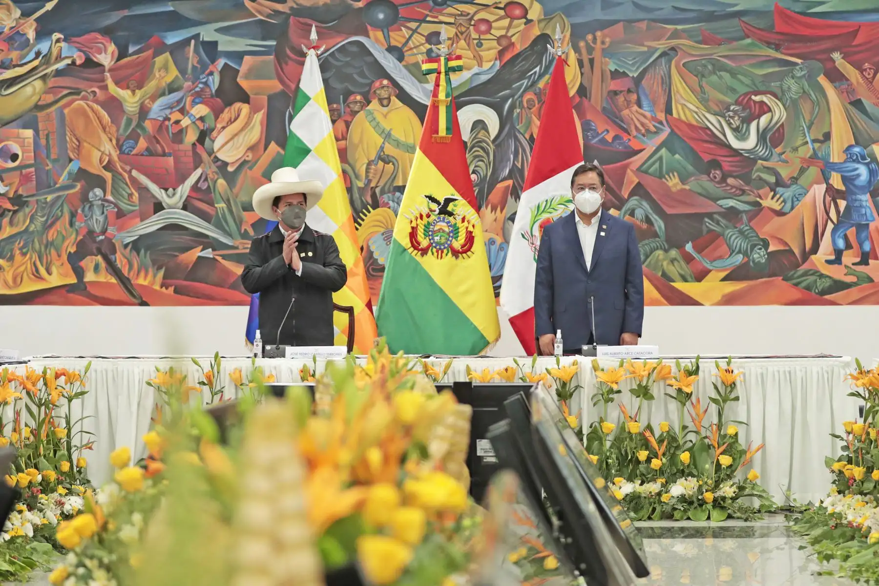El presidente de la República, Pedro Castillo, junto a su homólogo boliviano, Luis Arce, participan del VI Gabinete Binacional que se desarrolla en la ciudad de La Paz. Foto: ANDINA/Prensa Presidencia