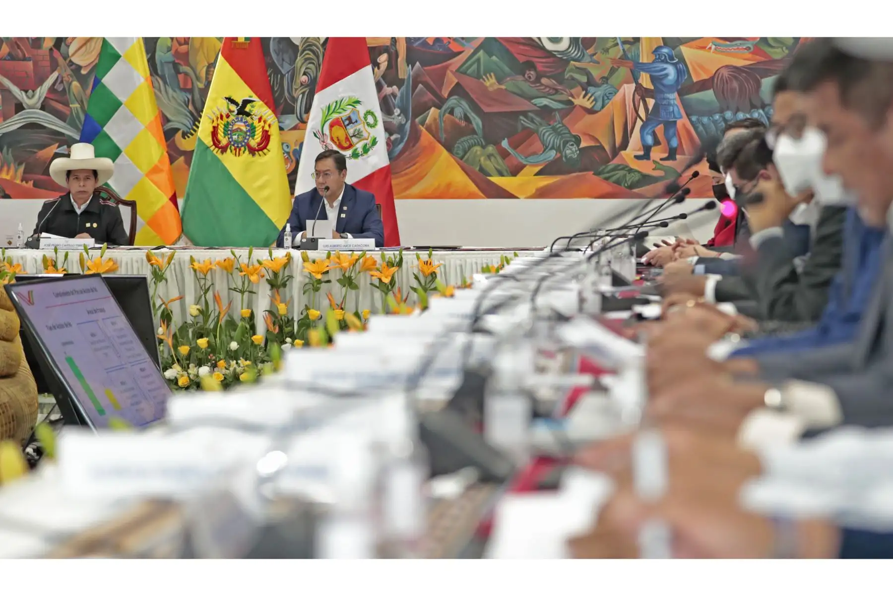 El presidente de la República, Pedro Castillo, junto a su homólogo boliviano, Luis Arce, participan del VI Gabinete Binacional que se desarrolla en la ciudad de La Paz. Foto: ANDINA/Prensa Presidencia