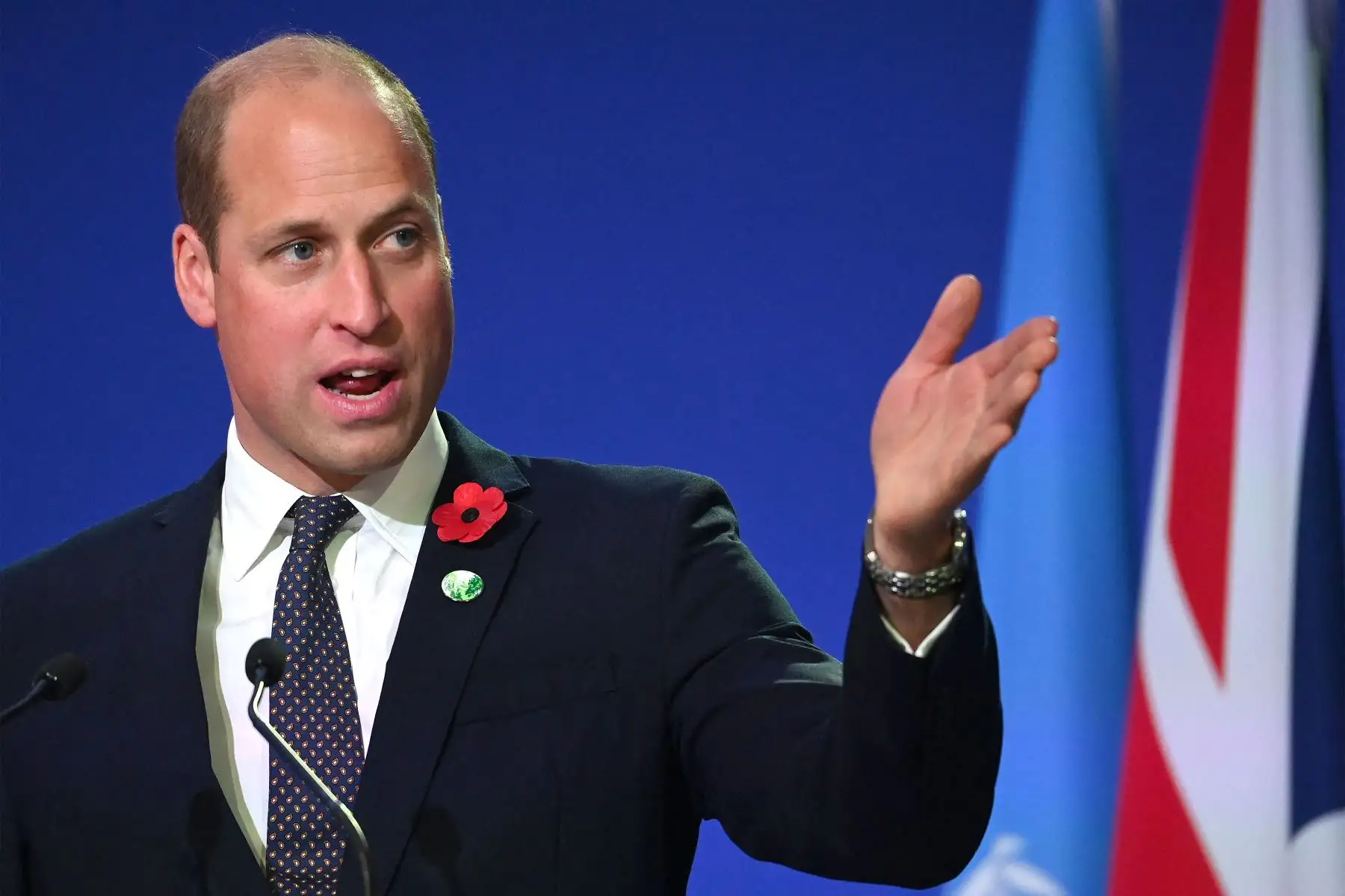El príncipe William de Gran Bretaña, duque de Cambridge, habla durante la sesión de la Cumbre Mundial de Líderes "Aceleración de la innovación y el despliegue de tecnologías limpias" en la Conferencia sobre el clima COP26 en el Scottish Event Campus en Glasgow, Escocia.
Foto: AFP