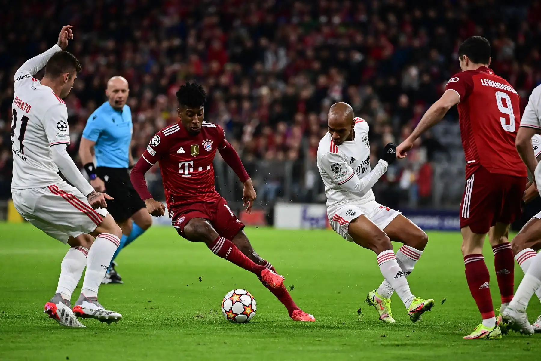 El delantero francés del Bayern Munich Kingsley Coman y el centrocampista portugués del Benfica Pizzi compiten por el balón durante el partido de fútbol del grupo E de la Liga de Campeones de la UEFA Bayern Munich v Benfica Lisboa.
Foto: AFP