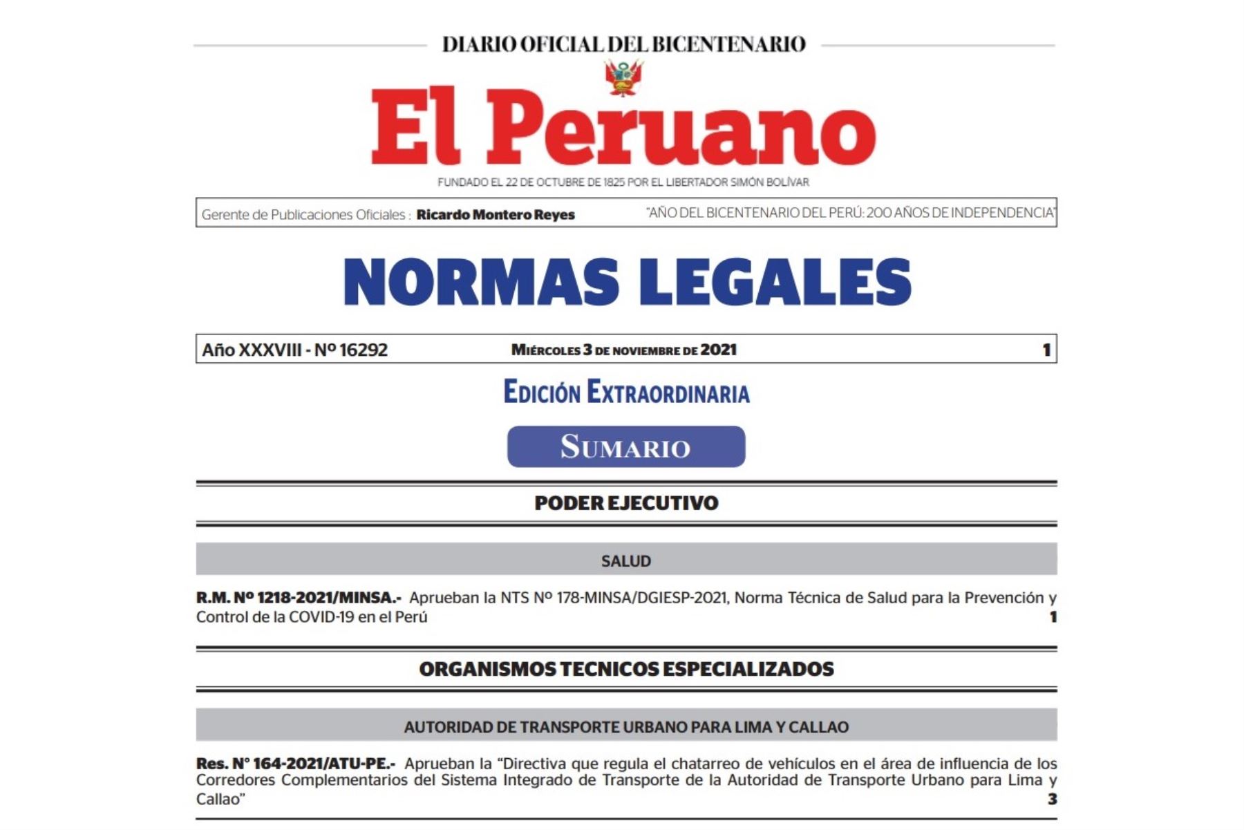 Edición extraordinaria del cuadernillo de Normas Legales del Diario Oficial El Peruano.